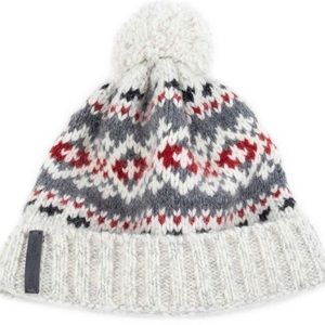 NWOT White/Dark Red Aztec Knit Faux Fur Beanie